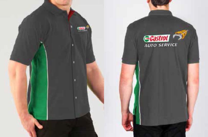 APPAREL AUTO SERVICE WORKSHOP SHIRT Short sleeve grey shirt with green side panelling and white piping. White buttons and red placket. Made from 65/35% poly cotton blend 150 gsm. White buttons. Size: XS-2XL.