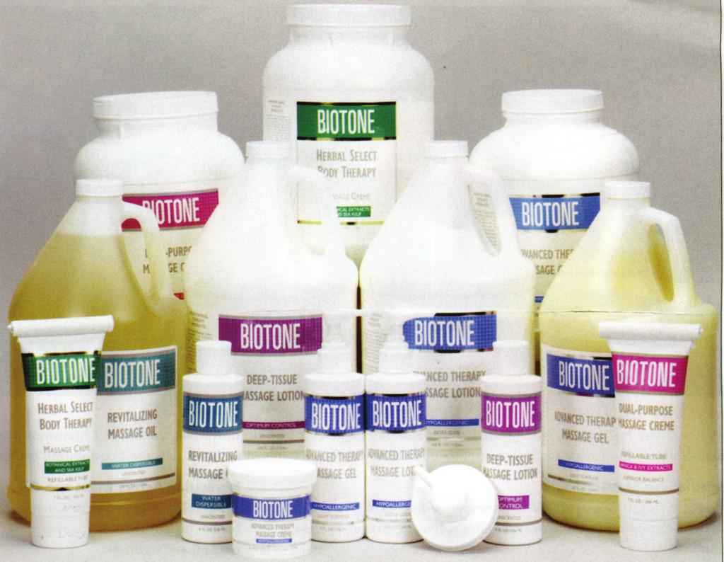 Biotone ADVANCE THERAPY Hypoallergenic. Easy slip. Applies like rich creme, performs like an oil. 6 oz. $6.40 1 Gal. $59.