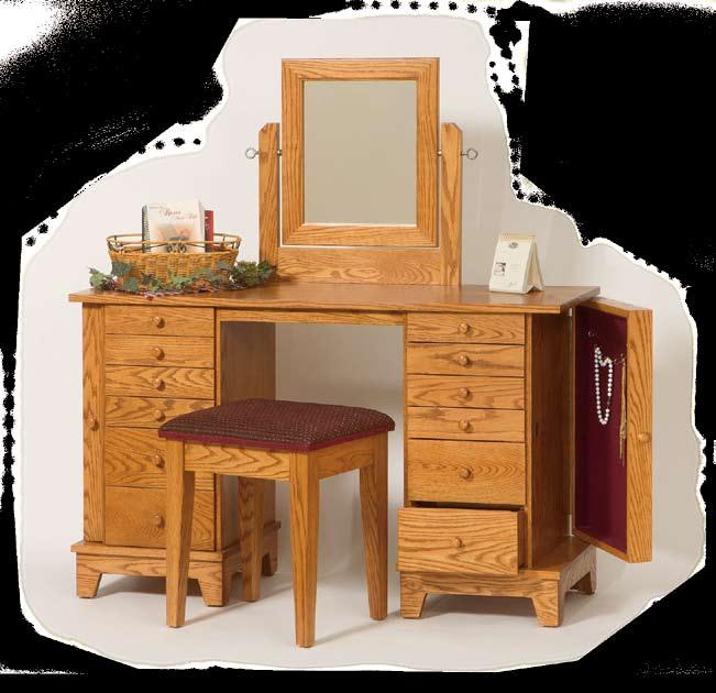 Traditional Dressing Table no. 912 oak or cherry Size: 49½"w x 16"d x 56½"h Includes necklace hooks and a total of 38 compartments inside. Felt lined in green or burgundy.