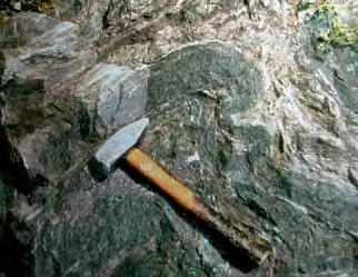 Figure 2. This outcrop shows a tightly folded area of dark blueschist and adjacent light-colored phengite-rich layers. The hammer (provided for scale) is approximately 38 cm (15 inches) long.