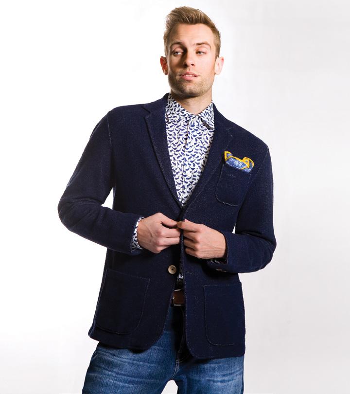 OPPOSITE PAGE: Woven, unconstructed sport coat, Phil Petter, $629; whale print shirt, Xacus, $299; pocket
