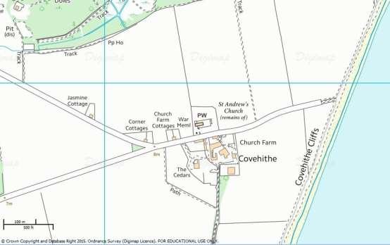 Figure 6: 970 s map of Covehithe village around the church and its distance to the sea (Map copyright Edina