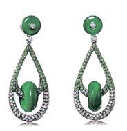 2599 2598 2598 Each set with a jadeite hoop of emerald green color and semi translucency, within an openwork diamond and tsavorite oval frame, suspended by a jadeite disc top, to a diamond center,