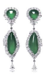 marquise-cut diamond surround, suspending a pear-shaped diamond fringe, to the pear jadeite cabochon of brilliant emerald green color and very good translucency, within a brilliant and