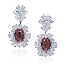 2527 2527 A PAIR OF BURMESE RUBY AND DIAMOND EAR PENDANTS Each set with a cushion-shaped ruby weighing 2.88 and 3.