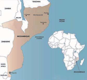 The Republic of Mozambique is located in southeastern Africa along the Indian Ocean, separated from Madagascar by the Mozambique Channel.