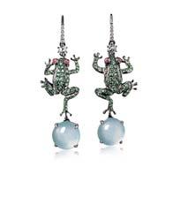 2533 2532 2532 Comprising a pair of ear pendants, each set with near colorless jadeite cabochon, by cabochon ruby eye, resting on a brilliant-cut diamond branch, mounted in 18K
