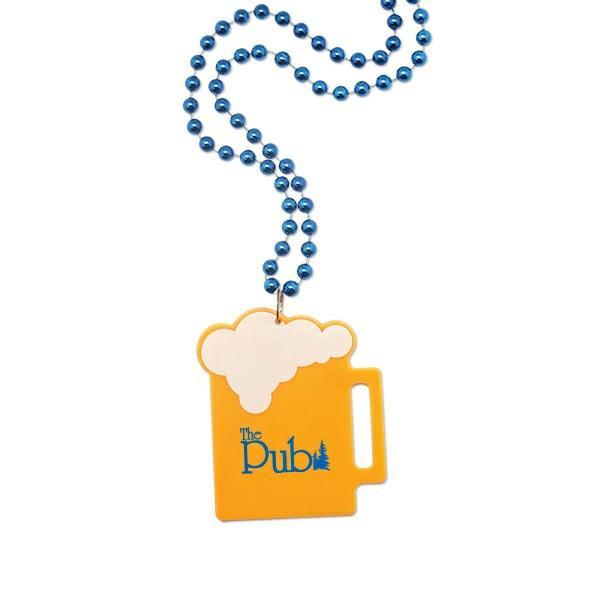 Product Name Beer Mug Medallion Beads Description Measuring 33", this beaded necklace is made of plastic and features a beer mug shaped medallion that can be customized with an imprint of your