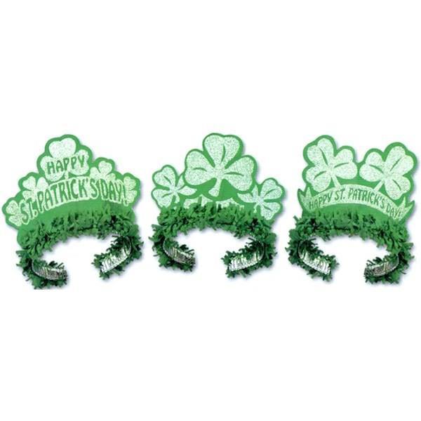 Product Name Glittered St Patricks Day Regal Tiaras Description Glittered St Patricks Day regal tiara. Assorted designs. Priced per each piece. Pack contains 50 pieces. Blank.