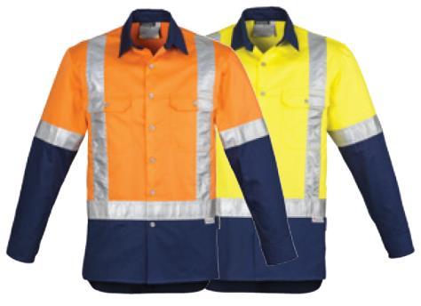 Extended curve shirt back Fabric 100% Cotton Twill - 170 gsm 8-24 : Orange/Navy, Yellow/Navy HI VIS SPLICED INDUSTRIAL SHIRT - SHOULDER TAPED 170 gsm mid-weight cotton twill to keep you cool while