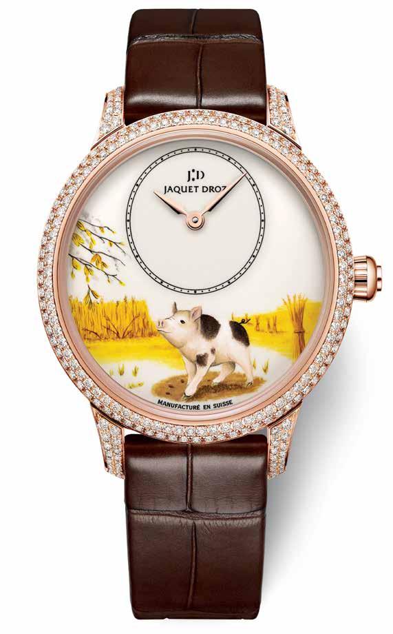 www.jaquet-droz.com Petite Heure Minute Pig Watch (front and back) with ivory grand feu enamel dial with miniature painting; 18K red gold case set with 232 diamonds (1.