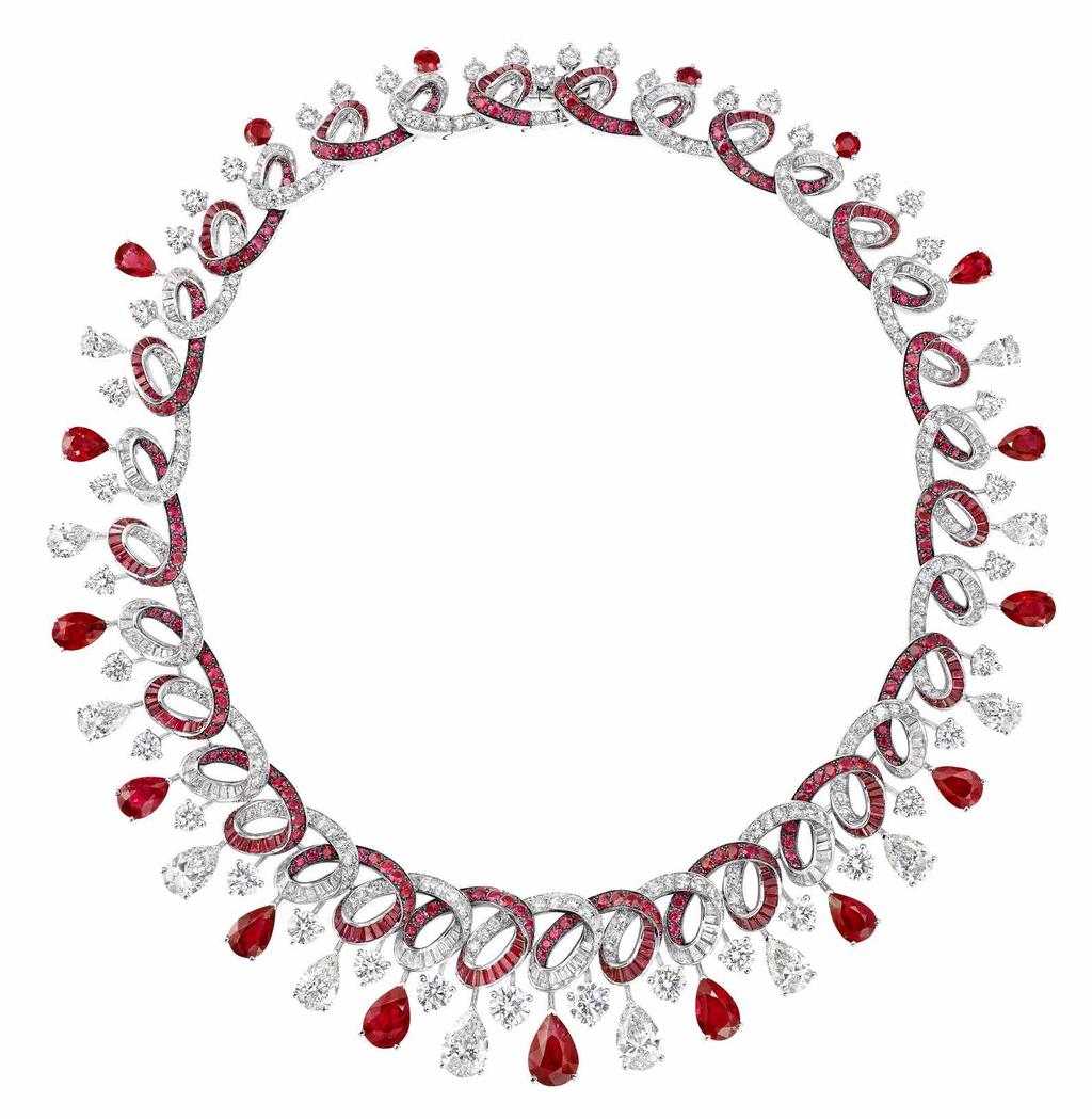 creating an intense play of light on the décolletage; total weight of rubies is 49.