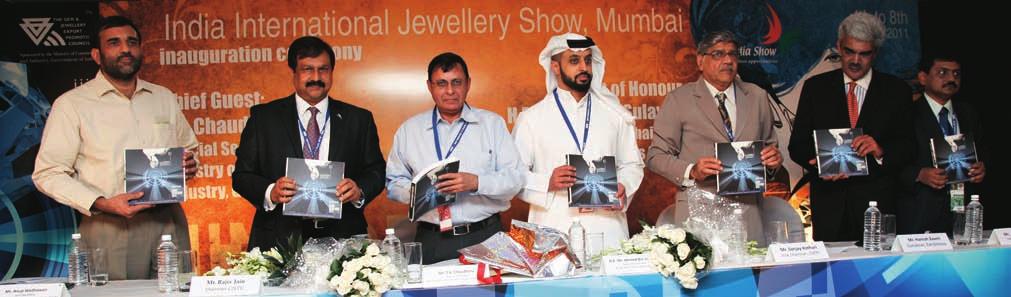 (Left to right) Anup Wadhawan, Rajiv Jain, PK Chaudhery, Ahmed Bin Sulayem, Sanjay Kothari, Haresh Zaveri, and Sabyasachi Ray releasing the official IIJS 2011 catalogue.