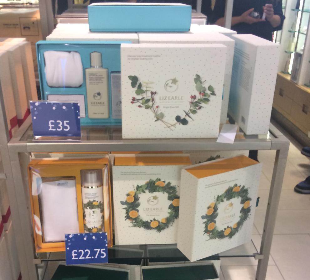 Liz Earle 1. Towel. 2. Free within sets of Liz Earle skincare products. There are two pricepoints one at 35 and one at 22.75. 3. Presented on display table with the other gift sets.