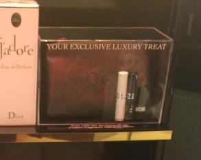One of 4 Dior promotions running in-store the only one with a Pouch. 4. Presented on Dior FSDU within glass case, showing the contents of the gift.
