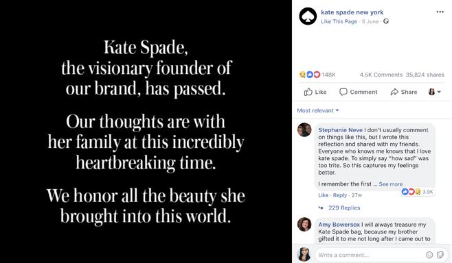 Top 3 Stand Out Moments From Luxury Fashion Brands On Facebook in 2018 Three posts stood out in the analysis of all 150K posts published in 2018: 1 Kate Spade New York s post