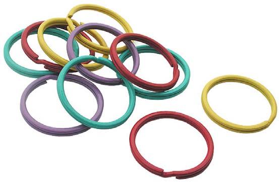 Coloured split rings This particular type of split ring is brightly lacquered in 4 colours. All packs contain assorted colours.