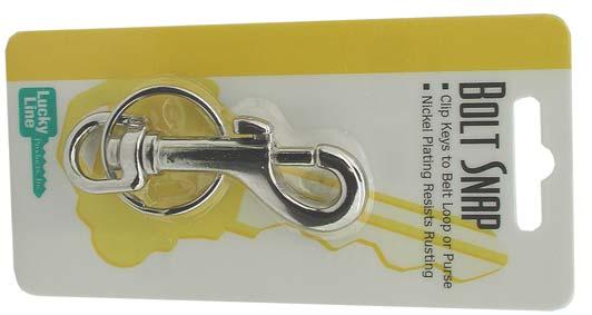 Bolt snap Tough spring snap clips to belt loop, handbag or sports bag. Keeps keys accessible. Nickel plating resists rusting.