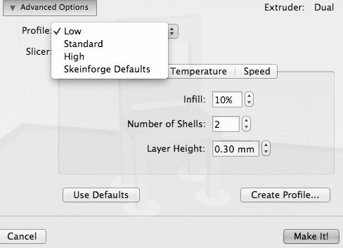 PRINT QUALITY PRINT QUALITY In MakerWare, when you select the Make command or Make button, you can specify one of three preset printing profiles. [Fig 10.1] Your choices are: Low.