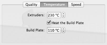 TEMPERATURE TEMPERATURE [Fig. 11.4] Temperature settings for the extruders and the build plate are grouped together under the Temperature tab. Fig. 11. 4 Extruders.