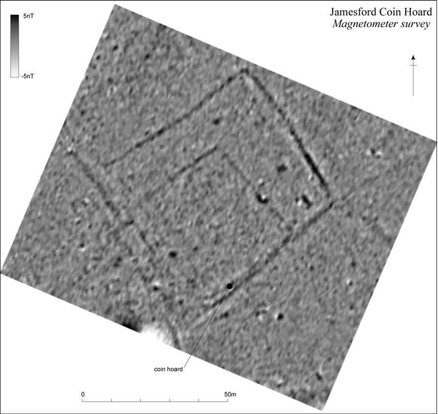 Fig. 3 Greyscale plot of the results from the magnetometer survey, showing the location of the coin hoard Results 2.4 As can be seen from Fig.