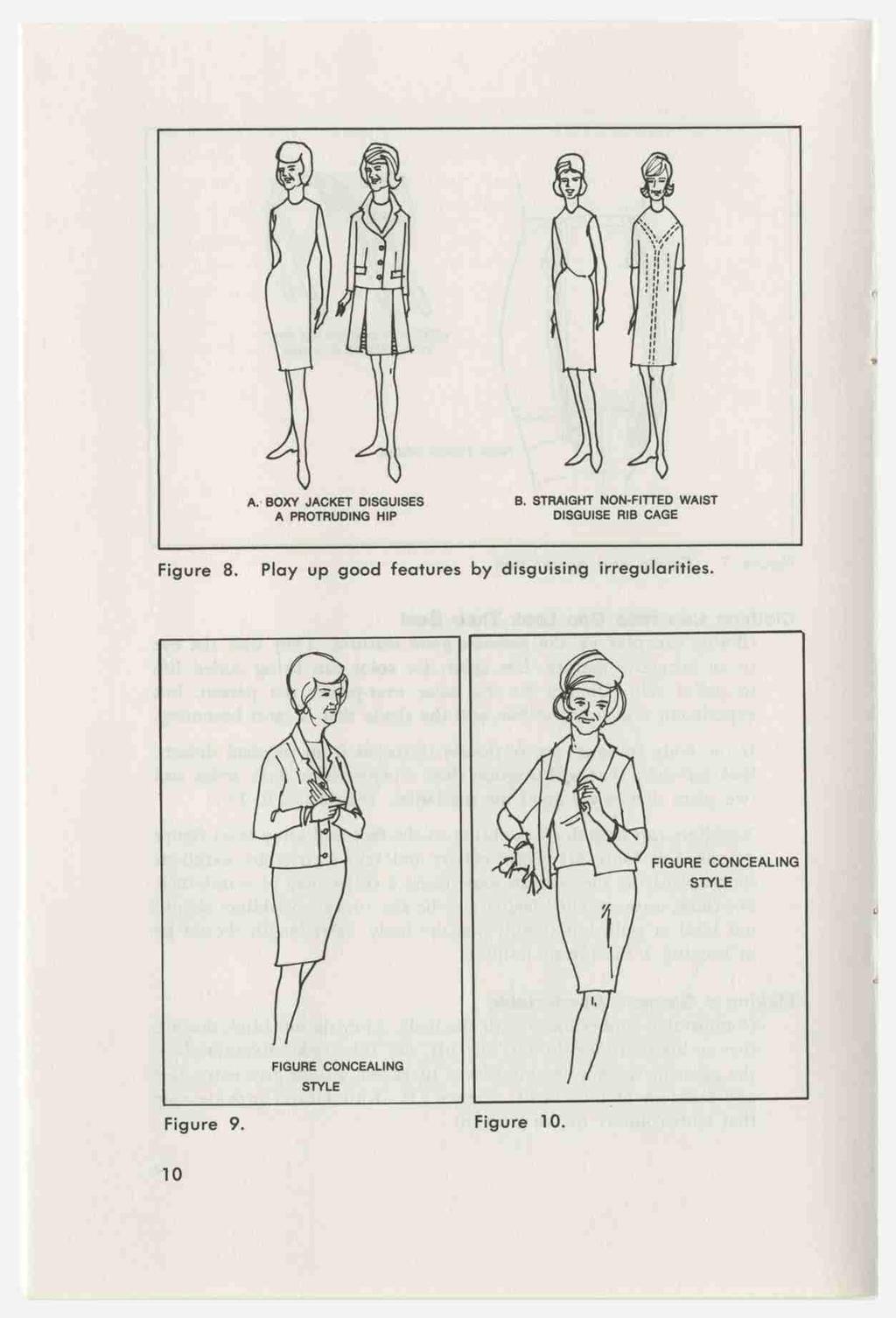 \ \\ \ - l _-:---4'./ A. BOXY JACKET DISGUISES B. STRAIGHT NON-FITTED WAIST A PROTRUDING HIP DISGUISE RIB CAGE Figure 8.