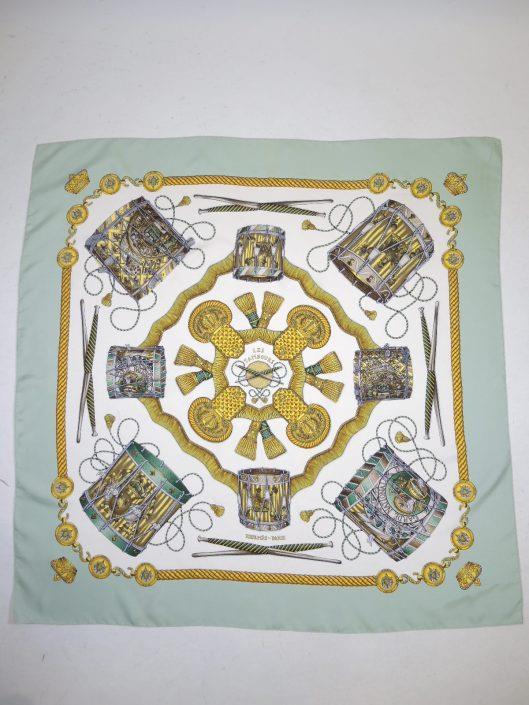 HERMÈS Mint Green Les Tambours Silk Scarf Sold in one day for $199. 01/05/19 If you have any musicians who love Hermès, this scarf is perfect for them.