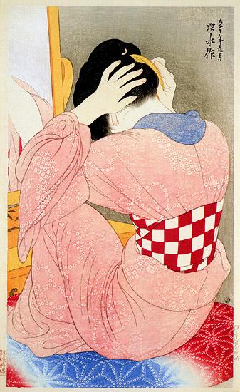 The narrator asks her if she has ever been a geisha, and when she ignores the question, he asks where she has Fig. 5: O-Yuki Changing Kimono, Bokutō Kidan, 1st ed.