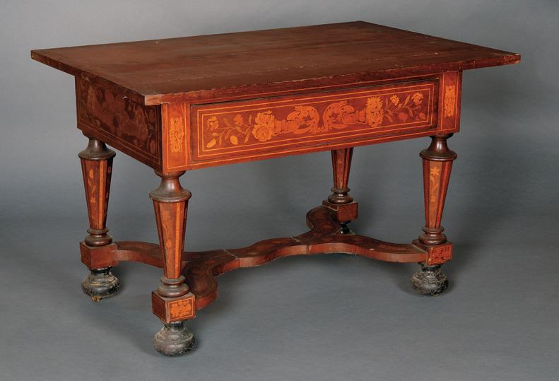 694 694. Dutch Fruitwood Marquetry-inlaid Mahogany Center Table, 19th century, rectangular top and frieze drawer, trumpet legs joined by stretchers; inlaid with birds and foliage, ht. 31, wd. 47, dp.