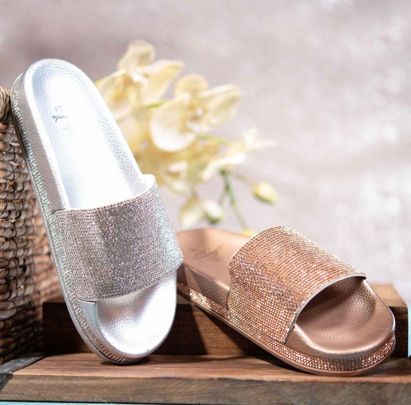 FEATURES A GLAMOROUS RHINESTONE EMBELLISHED UPPER WITH A BIT OF ADDED GLITZ TO THE SOLE. CONTOURED FOOTBED WILL KEEP YOU IN STYLE WITH A SMILE!