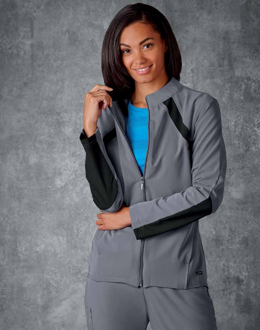 Active contrast WARM-UP JACKET ATHLETIC CONTRAST WARM-UP JACKET Full zipper front with stand-up collar Modern high-low back detail for full athletic look Front seaming and T-shaped back yoke details