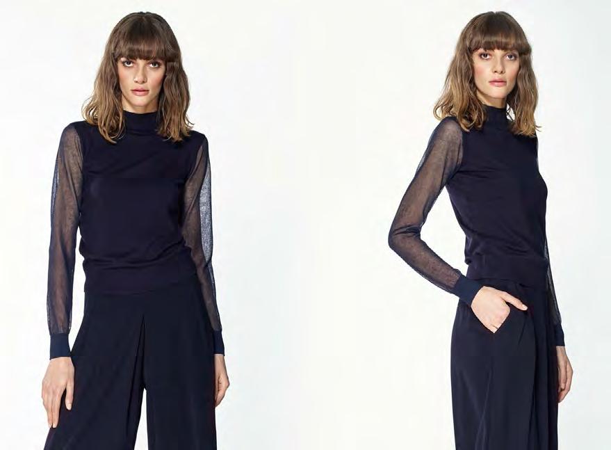 P160457B Turtleneck jumper with sheer sleeves Navy Fabric 1: 70% Viscose 30% Acrylic Fabric 2: 80%