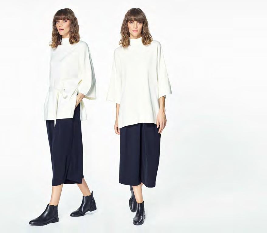 P170463A High neck jumper with wide sleeves (with self belt) White 65% Acrylic 20% Nylon 15% Wool P170854 Navy culottes Navy 100%
