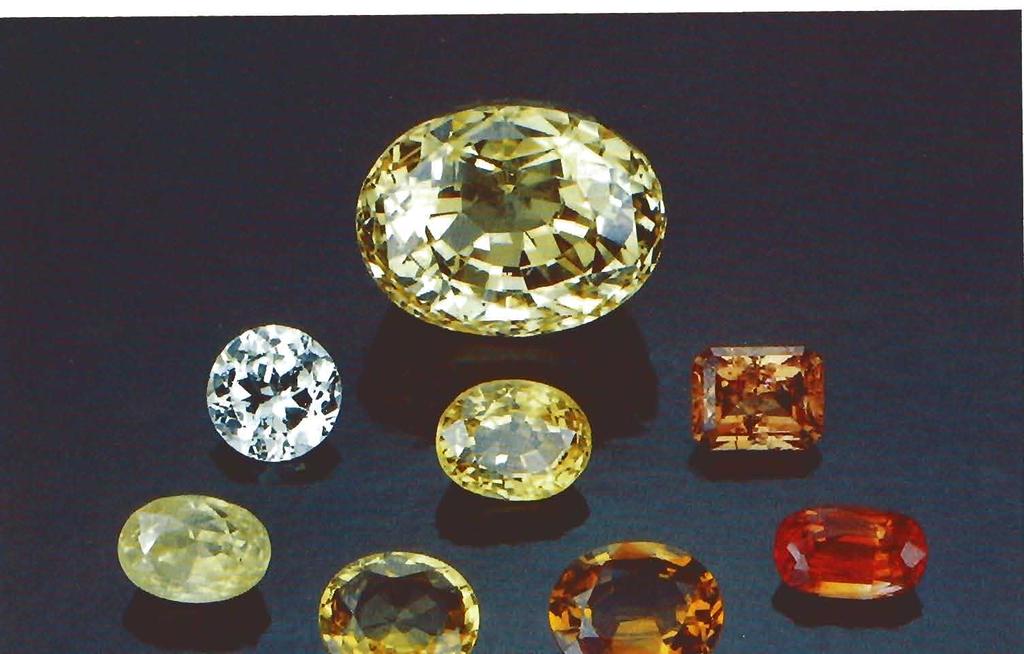 Figure 2. Examples of the range of colors of types 1 and 2 yellow sapphires studied; the largest stone weighs 11.80 ct. Photo 0 Tino Hammid.