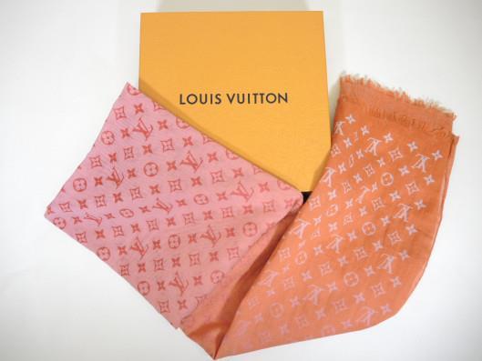 LOUIS VUITTON Pink and Orange Monogram Sunrise, Sunset Shawl Retailed for $575, sold in one day for $349.
