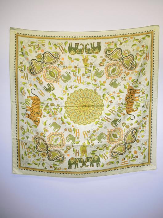 HERMÈS Carre Kantha Scarf Sold in one day for $249. 03/24/18 Our last, but not least scarf of the day is this light green based scarf from 2008.