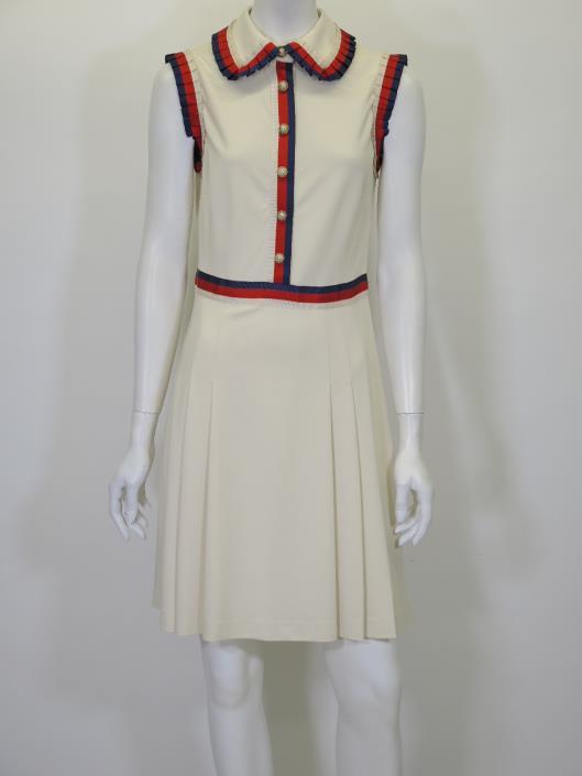 GUCCI Cream Viscose Dress with Red and Blue Grosgrain Ribbon Trim, Size 4-6 Retailed for $1,800, sold in one day for $599.