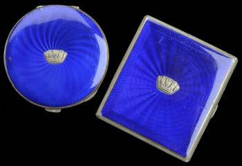 Objects of Vertu 30 A SILVER AND BLUE ENAMEL CIGARETTE CASE AND MATCHING COMPACT, the circular compact and rectangular cigarette case decorated with blue guilloche enamel, with applied navel crown