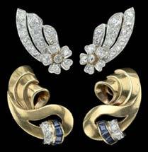 300-400 46 TWO PAIRS OF DIAMOND SET EARCLIPS, MID 20TH CENTURY, the first pair, circa 1940s, of scroll form, in yellow precious metal, unmarked, highlighted with a line of single-cut diamonds and a