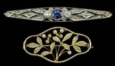 89 A COLLECTION OF NINE BROOCHES, comprising a sapphire and diamond elongated lozenge-shaped brooch, centred with a round mixed-cut sapphire, between two old-cut diamonds, diamonds approximately 0.