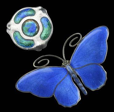 123 A COLLECTION OF SILVER JEWELLERY, including a silver and blue/green enamel brooch, by Charles Horner; a blue enamelled butterfly brooch, by Marius Hammer; a silver brooch modelled as a terrier; a