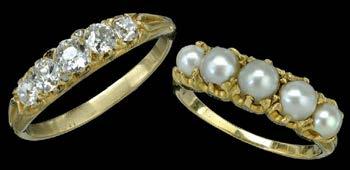 500-700 138 A DIAMOND FIVE STONE RING AND A PEARL FIVE STONE RING, the first set with five graduated old brilliant-cut diamonds, with pairs of rose-cut diamond points between, claw set to gallery