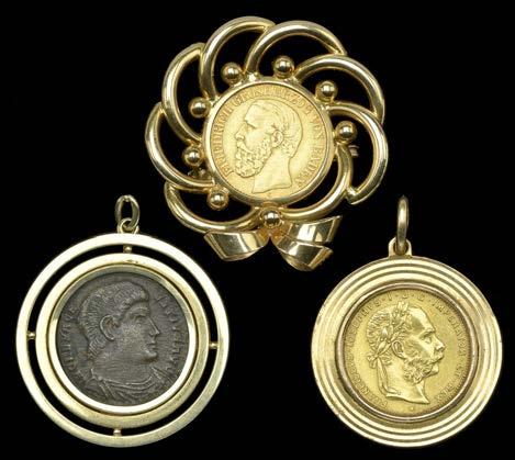 400-600 178 TWO COIN SET PENDANTS AND A COIN SET BROOCH, the first an Austrian 8 florin/20 franc restrike, 1892, in a reeded pendant mount, to plain suspensory loop,