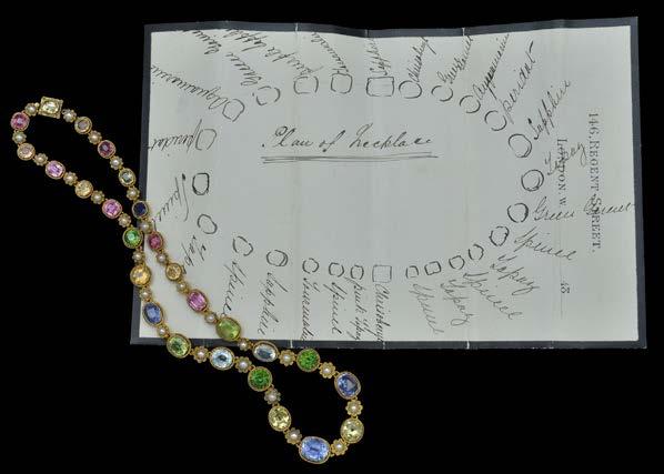 silk signed Rowlands & Frazer, 146 Regent Street, London, with accompanying contemporary handwritten note from the jeweller, on headed paper, identifying the different gemstones, necklace length 41cm.