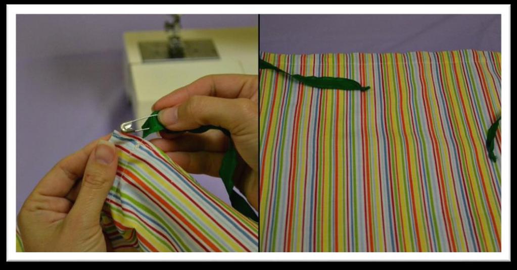 6 Step 5 Turn the pillowcase right side out. Attach a safety pin to a piece of ribbon that is 1 yard in length. Using the safety pin, guide the ribbon through the front casing (fig. 12).