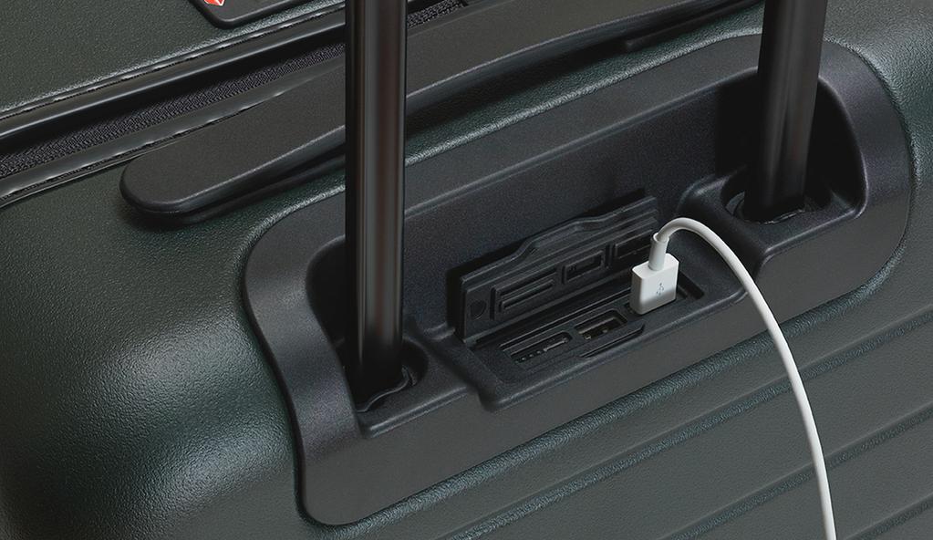 again, Korey says. Perhaps the most innovative feature of the Away suitcase is the built-in battery and charging dock.