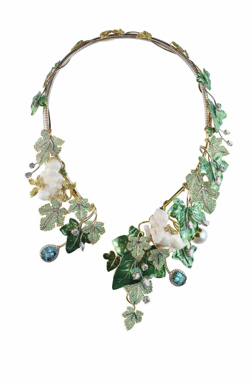 Necklace by Dolce&Gabbana in yellow and white gold with Lagoon tourmalines, peridots, tsavorite garnets, emeralds, diamonds, coral and South Sea pearls; Alta Gioielleria Donna, December 2018. POA.