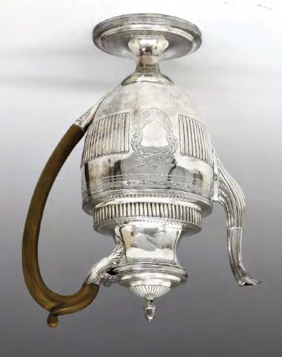 Lot 143 Lot 141 Lot 141 George III silver pedestal coffee pot, of oval urn shaped form, the domed cover with acorn finial, the body with a reeded band, a vacant cartouche to either side and standing
