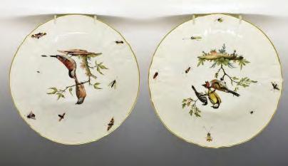 1/776, 20cm high 100-150 (+24% BP*) Lot 269 Pair of 19th Century Meissen porcelain shallow bowls, each painted with birds and insects within a moulded basket weave border, underglaze blue crossed
