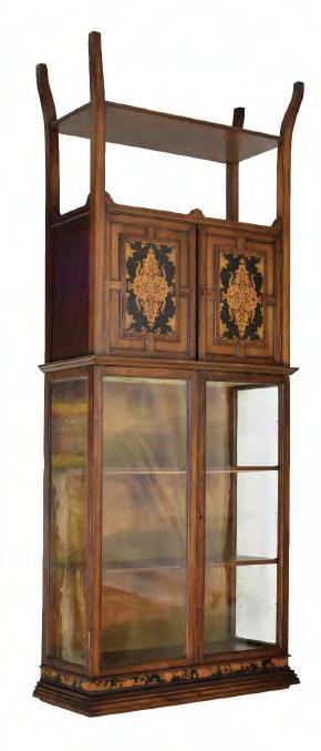 5cm high 400-600 (+24% BP*) Lot 373 Late 19th Century French inlaid rosewood bonheur-du-jour, the superstructure with pierced gilt metal gallery top over bowfront cupboard doors with foliate